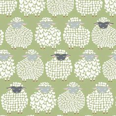 a flock of sheep standing next to each other on a green background with white hearts