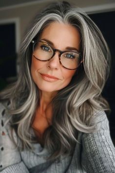 Long Hair Older Women, Hair And Glasses, Grey Blending, Grey Hair Transformation, Gorgeous Gray Hair, Grey Hair Inspiration, Beautiful Gray Hair, Long Gray Hair, Grey Hair Color