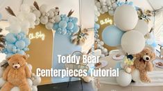 teddy bear centerpieces displayed in front of balloons and other decorations for a baby's first birthday party