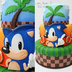 two pictures of sonic the hedgehog cakes