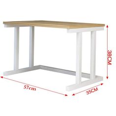 a white and wood desk with measurements for the height, width, and top section