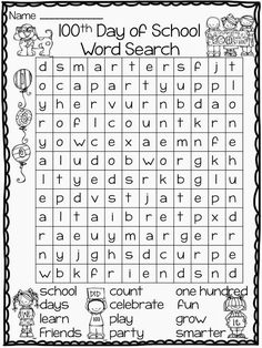 the 100th day of school word search is shown in this printable worksheet