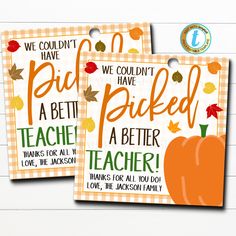 two teacher appreciation cards with pumpkins on them