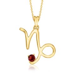 Ross-Simons - Capricorn/Garnet - Gemstone Zodiac Pendant Necklace Over Sterling. 18". Adorned with a colorful gemstone, this 18kt yellow gold over sterling silver zodiac pendant necklace is a stylish way to show off your sign. Here, the Capricorn symbol (December 22-January 19 birthdays) shines with a .30 carat round garnet and suspends from a cable chain with a 2" extender. Lobster clasp, gemstone zodiac pendant necklace. Garnet birthstones are the perfect gift for January birthdays. Capricorn Colors, Capricorn Birth Stones, Capricorn Birthstone, Capricorn Necklace, Capricorn Symbol, Gold Birthstone Necklace, Zodiac Sign Pendant Jewelry Gift, Gold Zodiac Sign Pendant Necklaces, Capricorn Pendant