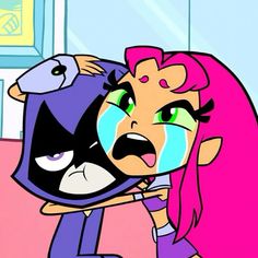 a cartoon character with pink hair and green eyes holding onto another character's face