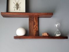 two wooden shelves with items on them and a framed insect in the middle, against a gray wall