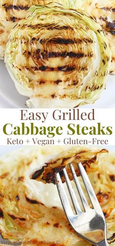 grilled cabbage steaks on a plate with a fork