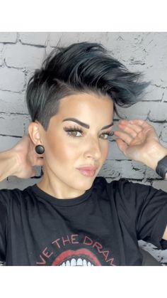 How to style a pixie faux hawk! Short Pixie Hairstyles 2023, Women’s Short Hair With Undercut, Pixi Hair Color Ideas, Short Haircut Undercut For Women, Short Haircuts For Women Over 50 With Glasses, Very Short Hair Shaved Sides, Frosted Pixie Haircut, Pixie Hair With Undercut, Haircut With Undercut For Women