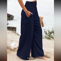 New Wide Leg, High Waist Pants With Pockets. New In Package Color: Navy Blue Material: 95% Polyester, 5% Spandex Measurements: Waist- 30” Hip- 40.5” Inseam- 28.4” Casual Navy Wide Leg Pants With Pockets, High Waist Solid Color Pants For Vacation, Navy Casual High-waisted Wide Leg Pants, Stretch Solid Color Pants For Beach, Stretch Solid Color Beach Pants, Straight Leg Beach Bottoms In Solid Color, Straight Leg Solid Color Beach Bottoms, Beach Straight Leg Bottoms Solid Color, Stretch Bottoms For Vacation In Solid Color