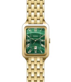 From Fossil&#x2C; this women's watch features:Gold stainless steel bandGreen dial 2 pusher foldover clasp closureQuartz three-hand movementBand width approx. 14mmCase size approx. 26mmCase thickness approx. 6.5mmInner Circumference: 175 /- 5mmWater Resistance: 5 ATM2-year limited warrantyImported. Accessories Watches Women, Jewelry Hacks, Fossil Watches Women, Green Watch, Gold Watches Women, Watches Women, Hand Watch, Fossil Watches, Three Hands