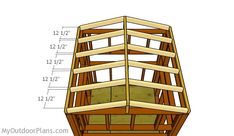 a wooden structure with measurements for the top and bottom section, including two levels on each side