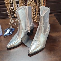 Never Worn. Have My Eye On Another Pair. Trendy Silver Summer Boots, Silver Casual Boots For Spring, Casual Silver Boots For Spring, Casual Party Boots By Forever 21, Forever 21 Casual Party Boots, Chic Forever 21 Spring Boots, Casual Forever 21 Boots For Spring, Shoes Silver, Forever 21 Shoes