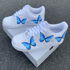 Custom Nike Air Force 1 Blue ButterFLY Nike Air Force 1 Blue, Hand Painted Heels, Custom Nike Air Force 1, Custom Nike Air Force, Nike Air Force 1s, Custom Air Force 1, Custom Nike, Cute Nike Shoes