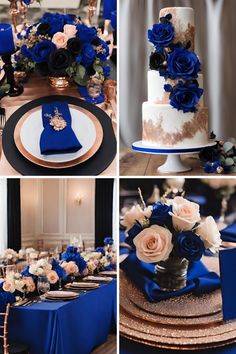 blue and white wedding decor with gold accents on the cake, napkins and plates