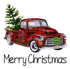 an old red truck with a christmas tree in the back and merry lettering on the front