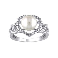 Beautifully adorned with a lustrous cultured pearl and dazzling round-cut diamonds, this Stella Grace heart ring is a sweet addition to your look.Click on this JEWELRY & WATCHES GUIDE to learn about fit, styles, materials and more! Width: 11.3 mm Metal: sterling silver Plating: rhodium Finish: polished Packaging: boxedDIAMOND DETAILS Total weight: less than 1/10 ct. Shape: round Setting: prongCULTURED PEARL DETAILS Type: freshwater Size: 8 mm - 8.5 mm Shape: round Color: white Diamond weights ar Diamond White Pearl Ring With Diamond Accents For Promise, Elegant Diamond White Heart Ring For Wedding, Diamond Pearl Promise Ring, Anniversary Sterling Silver Pearl Ring With Diamond Accents, Elegant Diamond White Heart Ring For Anniversary, Elegant Heart Ring With Halo Setting For Formal Events, Anniversary Pearl Rings In Fine Jewelry Style, Fine Jewelry Pearl Ring In Diamond White, Fine Pearl Rings For Anniversary