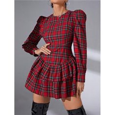 This Red Mini Dress Blends Casual Charm With A Playful Twist. The High Waist And Flounce Hem Create A Flattering A-Line Silhouette, While The Bishop Sleeves Add A Touch Of Elegance. Featuring A Classic Tartan Pattern And A Round Neckline, It Offers A Regular Fit And A Timeless Look. The Non-Stretch, Non-Sheer Material Ensures A Comfortable And Confident Wear. Fitted Mini Length Plaid Dress With Ruffles, Fitted Mini Plaid Dress With Ruffles, Fitted Plaid Mini Dress With Ruffles, Plaid Mini Dress For Party, Knee-length Plaid Mini Dress For Party, Plaid Knee-length Mini Dress For Party, Long Sleeve Plaid Dress With Ruffle Hem, Red Fitted Plaid Casual Dress, Casual Red Fitted Plaid Dress