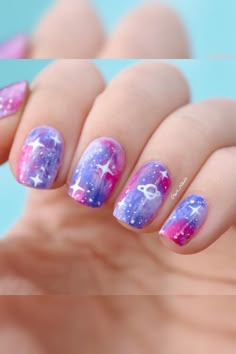 Pastel Space Nails, Pink Space Nails, Purple Space Nails, Nail Art Kids Girl, Girl Nails Kids, Girls Nails Kids, Little Kid Nails, Space Nails Galaxy