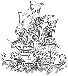 a black and white drawing of a ship with waves on it's sails, in the