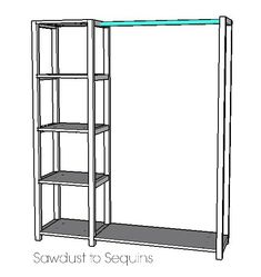 a drawing of a shelf with shelves on each side and the words sawdust to sequins above it