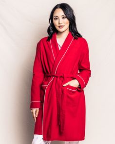 This elegant robe is the perfect addition to our collection. The soft, brushed flannel robe can be monogrammed to create a truly memorable gift. This robe is a lightweight, very soft flannel. The fabric is made from 100% of the finest quality cotton. It is yarn-dyed to prevent fade and brushed for added softness making the sleepwear feel absolutely luxurious, getting cozier after each wash. You will be tucked in luxury and off to dreamland. Bonne nuit. Classic Long Sleeve Robe For Loungewear, Red Cotton Long Sleeve Robe, Red Long Sleeve Cotton Robe, Long Sleeve Red Cotton Robe, Flannel Robe, Luxury Sleepwear, White Pajamas, Womens Thermal, Red Flannel