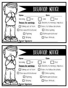 two behavior notes with the words behavior notice and an image of a boy holding his head in