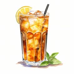 a painting of a glass with ice and lemon