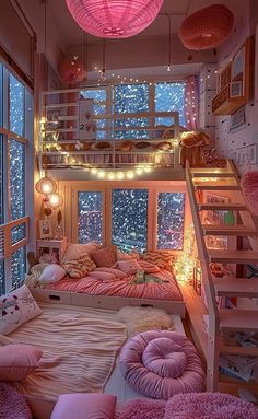 a loft bed with pink pillows and lights on the ceiling, in front of a large window