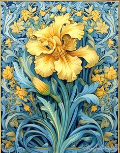 a painting of yellow flowers with blue leaves and swirls on the bottom half of it