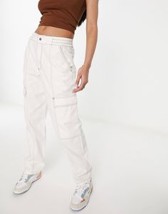 ASOS DESIGN seam detail cargo pants in ecru with contrast stitch | ASOS Cream Straight Leg Cargo Pants With Patch Pockets, Cream Straight Leg Utility Cargo Pants, Cream Cargo Pants With Pockets For Workwear, Cream Cargo Pants For Workwear, Cream Utility Cargo Pants With Pockets, Cream Straight Leg Utility Pants, Cream Utility Cargo Pants, Utility Cream Cargo Pants, Cream Wide Leg Cargo Pants