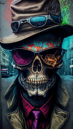 a painting of a skeleton wearing a hat and sunglasses