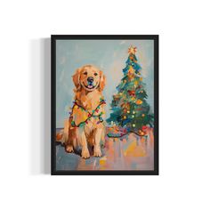 a painting of a golden retriever sitting in front of a christmas tree with lights