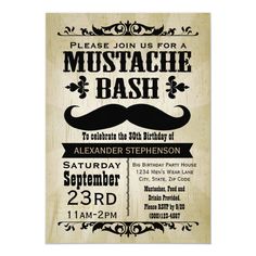 an old fashioned mustache bash birthday party card