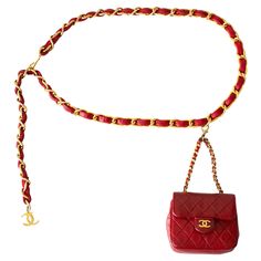 This vintage Chanel belt bag from the 1990s is a standout piece. The micro bag, opening with a CC push button, reveals a vibrant red leather interior, perfect for holding AirPods and keys. Its adjustable gold-plated chain link waist belt is accentuated by a dangling CC logo. The bag is in good to fair condition with visible signs of wear: creases, scuffs, press marks on exterior and interior leather, scratches on metal hardware, the bag has been painted to its original color at the bag spa. The Chanel Belt Bag, Spa Bags, Chanel Vintage, Micro Bag, Chanel Belt, Waist Belt, Vintage Chanel, Lambskin Leather, Vibrant Red