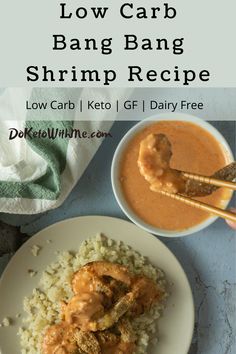 low carb bang bang shrimp recipe on a plate with rice and gravy