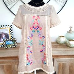 This Dress Is For All Ages, All Seasons! Multicolored Floral Embroidery With Ivory Embroidery Around Hem, Sleeves, Collar And Back. Very Lightweight! Can Be Worn Alone Or With Leggings And A Fur Vest. Fully Lined. Purchased In Dallas Boutique Last Month Sleeve Length 8" Shoulder To Hem 30" Will Fit Xs Also Ivory Embroidery, Umgee Dress, Floral Embroidered Dress, Fur Vest, Last Month, Vintage Linens, Embroidered Dress, Floral Embroidery, All Seasons