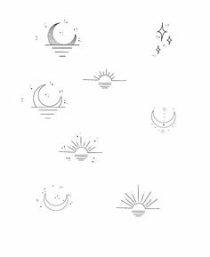 the moon, stars and crescents are drawn in black ink on a white background