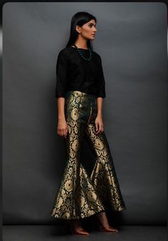 Plus Size Indian Fashion Party Wear, Silk Indo Western Outfits, Brocade Pants Outfit Indian, Plazzo With Top Outfit, Plus Size Indian Fashion, Festive Brocade Palazzo Set, Designer Bollywood Brocade Palazzo Set, Bollywood Style Black Brocade Sets, Brocade Wide Leg Pants