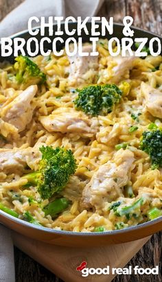 chicken and broccoli orzoni in a skillet