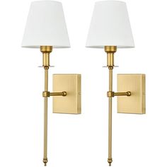 two light wall sconces with white lamps on each side and gold poles in the middle