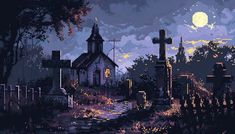 a painting of a cemetery at night with the moon in the sky