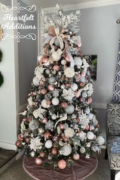 a christmas tree decorated with ornaments and bows