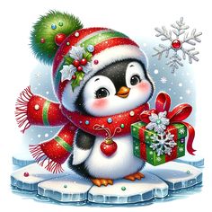 a penguin wearing a scarf and hat holding a christmas present