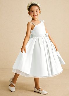 Complete your bridal party with our modern matte satin flower girl dress, Lollipop. Her one-shoulder neckline is complemented with a bow at the shoulder and bow belt. The skirt is ruched beautifully to flare as she walks down the aisle. Lollipop Flower, Tea Length Flower Girl Dress, Tea Length Tulle, Satin Flower Girl Dress, Ivory Flower Girl, Ivory Flower Girl Dresses, White Flower Girl Dresses, Tulle Flower Girl, Bow Belt