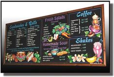 a menu board with different types of food on it