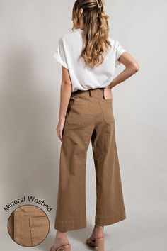 Soft washed wide leg pants with button closure and two front pockets. Can also be worn with a belt. Pair with your favorite top and booties!Model is 5'8" and wearing a small. Made In: IMPORT Fabric Contents: 100% COTTON Non-stretch fabric Non-sheer fabric Size Measurement (inch): S: 14.0 (Waist), 18.0 (Hips), 26.5 (Inseam), 38.5 (Length) M: 15.0 (Waist), 18.5 (Hips), 27.0 (Inseam), 39.0 (Length) L: 16.0 (Waist), 19.5 (Hips), 27.5 (Inseam), 29.5 (Length) Capsule Wardrobe Work, Cropped Wide Leg Pants, Sheer Fabric, Work Wardrobe, Cropped Style, Pocket Pants, Sheer Fabrics, Cardigan Jacket, Vest Dress