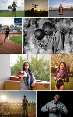 many different pictures with people in them and one person holding a basketball ball on the other side