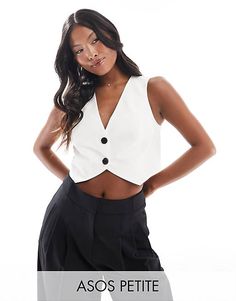 V-neck Crop Top For Spring Workwear, Spring V-neck Crop Top For Work, Elegant Vest Crop Top For Night Out, Trendy Sleeveless Crop Top For Work, Chic Cropped Vest For Work, Elegant Fitted Crop Top With Buttons, Chic Formal Cropped Top, Elegant White Crop Top For Workwear, Elegant V-neck Crop Top For Work