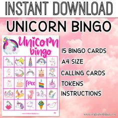 unicorn bingo game with pink clouds in the background