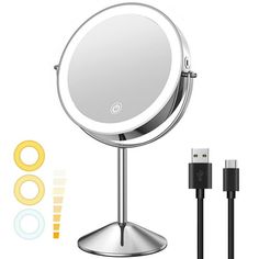 an image of a mirror and charger on a stand with wires attached to it